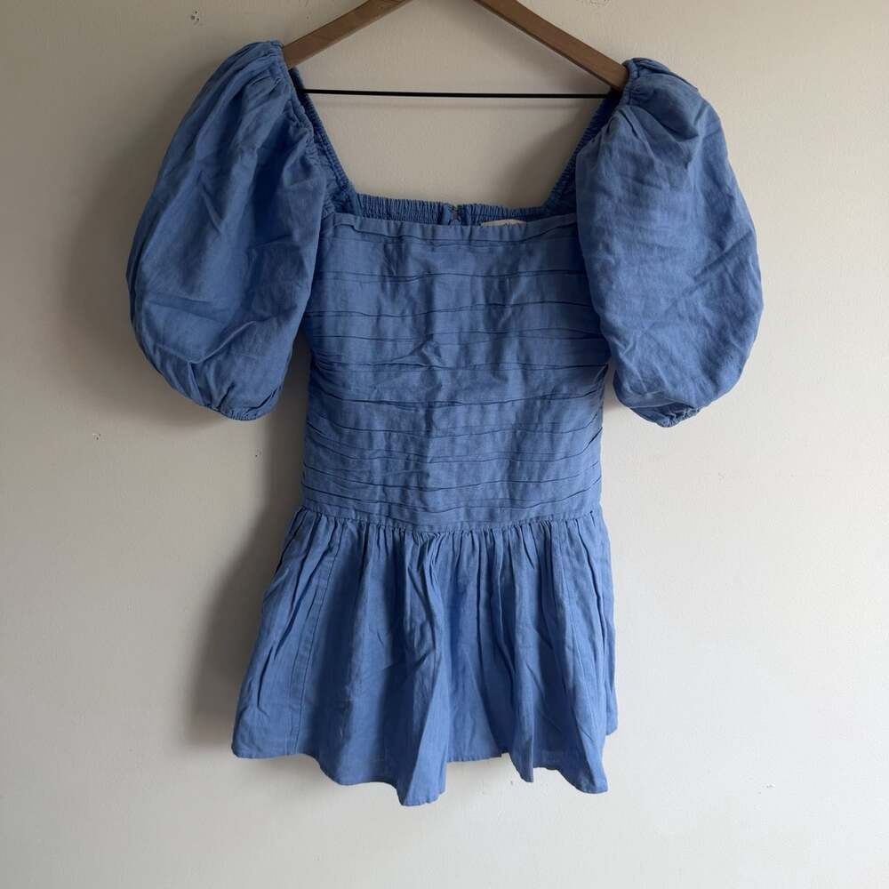 NWT Abercrombie & Fitch Linen Blend Blue Puff Sleeve Mini‎ Dress Size MP Petite